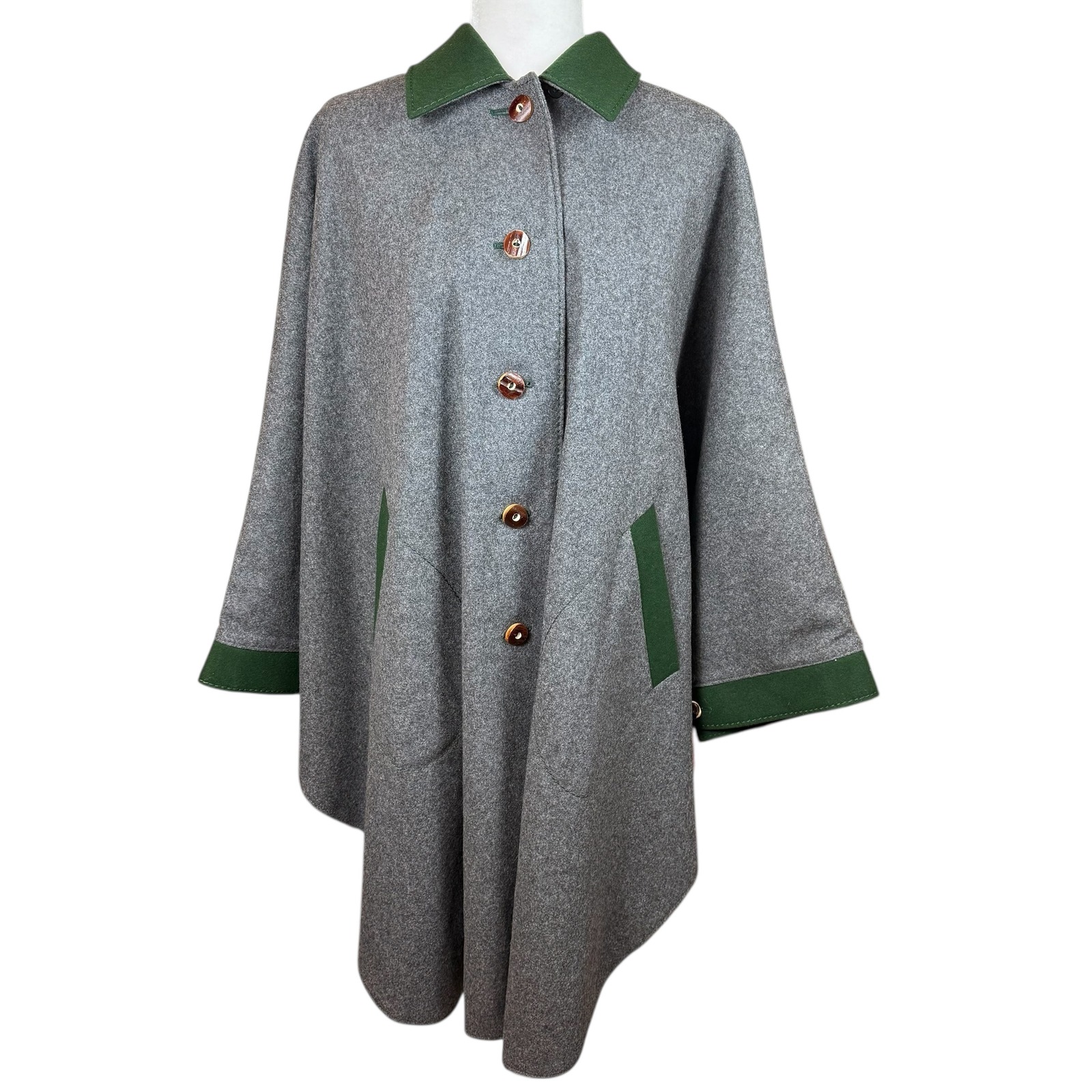 Vintage Loden-Frey Austrian Wool Cape Coat Gray Green Trim Christa Moden Tirol